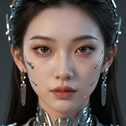 a portrait of an asian goddess, detailed, realistic eyes, symmetry features proportions, intricate facial details, cybertech wear, award winning, trending in cgsociety artstation deviant art