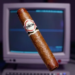 A synthwave cigar inspired by Tron, Trending on Artstation, Digital screenshot,. Faded film grain, 1980s Computer Graphics,