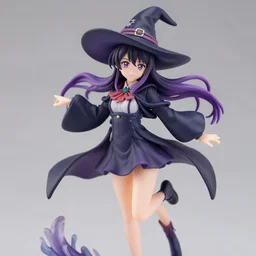 still figurine of student witch anime girl wearing magic school uniform, purple to black fade hair color, undercut hairstyle, personification, dynamic pose, detailed product photo, featured on amiami, beautiful composition, by akihiko yoshida
