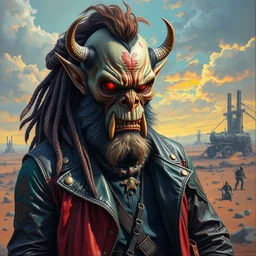 highly detailed oil painting of an apocalyptic scifi orcish biker character standing in a wasteland by michael whelan, psychedelic vibrant colors, futuristic punk rock fashion, michael whelan art, perfect face, sharp focus, detailed eyes, realistic, leather jacket, crust punk, 8 k