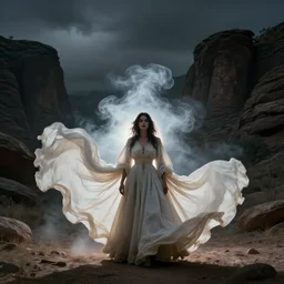 1 9 7 0's artistic spaghetti western movie, a woman in a giant billowy wide flowing waving dress made out of white smoke, standing inside a dark western beautiful rocky scenic landscape, volumetric lighting, backlit, moody, mercurial, atmospheric