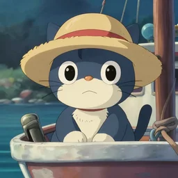 a wholesome animation key shot of a cute cat on a fishing boat wearing a sunhat, studio ghibli, pixar and disney animation, sharp, rendered in unreal engine 5, anime key art by greg rutkowski, bloom, dramatic lighting