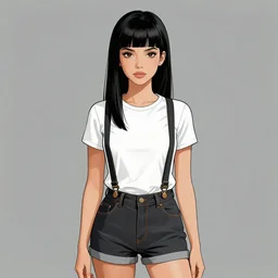 a woman with black hair and long pixie haircut in shorts with suspenders and white t-shirt drawn by alphonso azpiri, norman rockwell, frank frazetta, peter paul rubens, alphonse mucha, gustav klimt 4k, unreal 5, DAZ, french noveau, trending on artstation, octane render, hyperrealistic