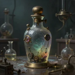 a painting of a steampunk navy potion bottle in a dark dusty vintage science lab, by h. r. giger, hyperrealistic fantasy art, concept matte, ethereal, dreamy, digital art, trending on artstation, volumetric cinematic lighting
