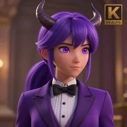 ( ( ( ( shion ) ) ) ) with a horn on her head, with purple hair, ( ( ( ponytail ) ) ) ( purple eyes ), a purple tuxedo, sharp focus, intricate, cell shaded, award winning photography, cinematic, digital painting, cinematic, wlop, 8 k, by ross tran, tom bagshaw