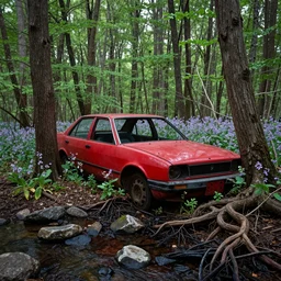 red abandoned car, overgrown in a thick forest full of trees with strong roots, waterlogged ground with purple flowers, and a small stream with sharp rocks