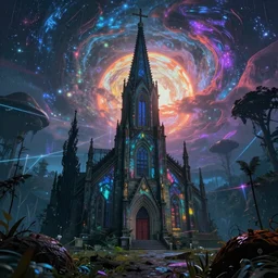 a beautiful hyperdetailed rendering of urbex church by vincent van gogh, fantasy lightpaint tron retrowave infrared morning sun hyperrealism rainforest at dawn darkacademia alien landscape laser tokyo galactic wilderness cosmic universe tundra evil, archdaily, wallpaper, highly detailed, trending on artstation.