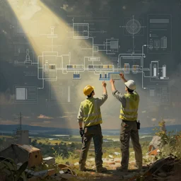 an epic painting of an engineer building a continuous integration system with an architecture diagram