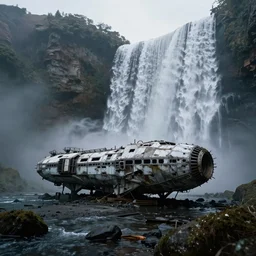 an abandoned spaceship standing at the edge of a waterfall, low angle view, hyper realism, concept art, low angle, high detail, volumetric, dramatic lighting, ominous, misty, beautiful, by maxime bibi and jordan grimmer, breathtaking scene, cinematic, 8 k