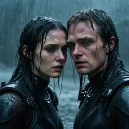 cinestill 5 0 d candid photographic portrait by christopher nolan of two loving female androids wearing rugged black mesh techwear in treacherous waters, extreme closeup, modern cyberpunk moody sobbing cinematic, pouring rain menacing lights shadows, 8 k, hd, high resolution, 3 5 mm, f / 3 2, ultra realistic faces, ex machina