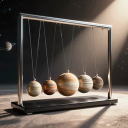 a photograph of a newton's cradle made of planets, where each sphere is a planet, space, celestial