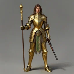 full body portrait of a female italian warrior medium length brown hair and a very highly detailed face wearing elegant golden plate mail armor with green and white accents, holding a tall tower shield and a long flintlock pistol, highly detailed, digital fantasy painting, artstation, cgsociety, character concept art, sharp focus, illustration, art by michael komarck and greg rutkowski and alphonse mucha