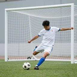 Footballer about to kick a ball into a goal, high shutter speed, sports photography, taken from behind, person fills the frame, at the World Cup