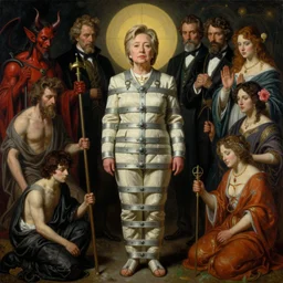 hyper realistic painting of hillary clinton in a straight jacket possessed by the devil, in the style of mc escher, wayne barlowe, gustav moreau, goward, gaston bussiere and roberto ferri, santiago caruso, and austin osman spare, bouguereau, mucha, saturno butto, sorayama. occult art, alchemical diagram