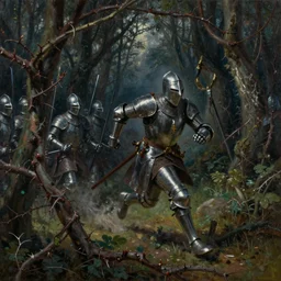 errand knight being chased by chivalry soldiers inside a very thorny and very densely packed woods, beautiful epic oil painting, nightime,