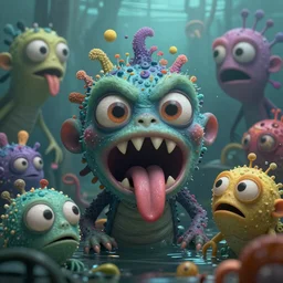 intricate colourful murky with strange cute friendly angry crazy creatures with huge beauty eyes 1 long tongue triangle teeth and scary face appearing from the water, in the style of craola, shallow depth of field, highly detailed, digital painting, trending artstation, concept art, illustration, cinematic lighting, vibrant colors, photorealism, epic, octane render