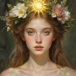 perfectly feminine face!! full body portrait of young fairy earth goddess blessed by nature, floral sunlight crown, light brown hair, symmetrical! intricate, sensual features, dewy skin, reflective skin, highly detailed, divine holy perfection!! digital painting, artstation, concept art, smooth, sharp focus, soft lighting, illustration, art by artgerm and greg rutkowski and alphonse mucha