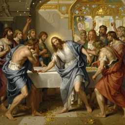 a detailed picture of jesus cleansing the temple, thrown tables, scattered gold coins, fleeing merchants, fantasy, intricate, elegant, highly detailed, digital painting, artstation, matte, sharp focus, illustration, art by john collier and albert aublet and krenz cushart and artem demura and alphonse mucha