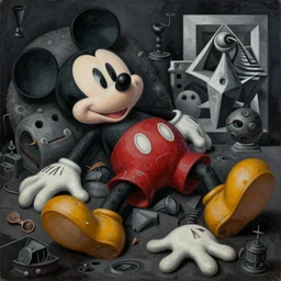laying around catted deconstructed rugged mickey mouse body parts dark ritual by goya and escher, highly conceptual figurative art, intricate detailed illustration, flat acrylic painting, monumental dynamic illustration, surreal art, detailed illustration