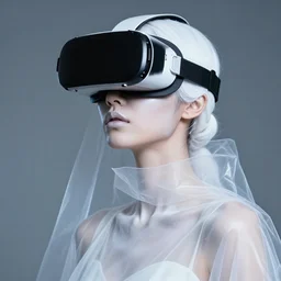 high fashion photography of a model in neo futurism white sci - fi makup, wearing vr goggles, transparent cloth, beautifully lit