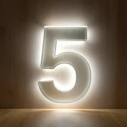 number 5 made of glass, hover over antracit floor, backlit