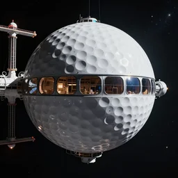 A huge space station inspired from a pristine golf ball, highly reflective windows, a space dock, futuristic lighting, 4K, 8K, ultrarealistic, highly detailed, no place like home