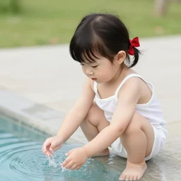 7 years old rina playing with the water, wearing white cloths, and a red bow in her hair, sitting by the side of a creek, in the painting style of comic books, 8 k, detailed, tele photo lens, rule of thirds