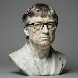marble bust of bill gates with a stern look on his face,