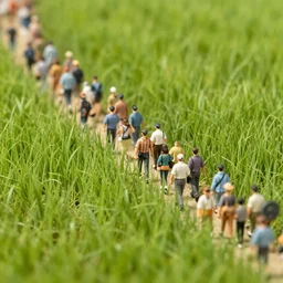 photo still of realistic miniature crowd walking through tall grass, 8 k, studio lighting bright ambient lighting key light, 8 5 mm f 1. 8