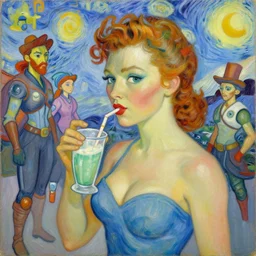 van gogh portrait painting of a sexy beauty 1 9 4 0's pinup drinking a milkshake as overwatch's characters, medium shot, asymmetrical, profile picture, organic painting, sunny day, matte painting, bold shapes, hard edges, street art, trending on artstation, by huang guangjian and gil elvgren and sachin teng
