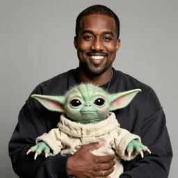 kanye west smiling and holding yoda yoda for a 1 9 9 0 s sitcom tv show, studio photograph, portrait
