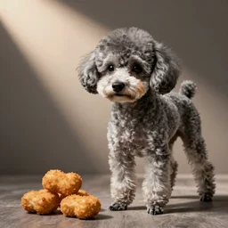 old grey hairless toy poodle with Lenticular Sclerosis and a chicken nugget; cute skinny toy poodle with no hair