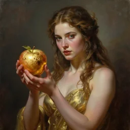 portrait of eris, the greek goddess of chaos, holding an apple covered in reflective gold!!!!, digital art, cinematic lighting, highly detailed, michael cheval, peter mohrbacher, boris vallejo, jessica rossier, oil painting, unreal