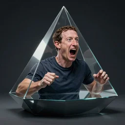mark zuckerberg trapped in a space prism, a prison of his own making, he is screaming, hyperreal, artstation