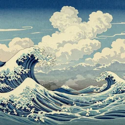 clouds and waves, An aesthetically pleasing, dynamic, energetic, lively, complex, intricate, detailed, well-designed digital art of a beach, ripples, waves, sea foam, light and shadow, overlaid with aizome patterns, Shin-hanga by Bob Ross, traditional Japanese colors, superior quality, masterpiece, featured, trending, award winning, HDR, HD, UHD, 4K, 8K, anamorphic widescreen