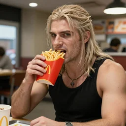 Geralt of Rivia in a black tank top stuffing his face at McDonald’s, featured on artstation