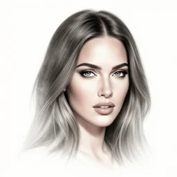 tattoo design sketch with double exposure effect, megan fox face faded with beautiful mountain scenery, in the style of matteo pasqualin, amazing detail, pinterest tattoo