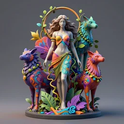 a sculpture of mythical creatures by hannah yata, elegant female emerging from vibrant vector and 3 d graffiti, leaves and vines, artstation, concept art, ambient occlusion, vray render,