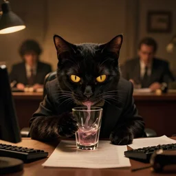 detective anthropomorphic cat is drinking from a glass at his office, 3 d scene, zenith view, warm color palette, night time, dramatic lighting, noir film, fine details, high contrast, blacksad, juan diaz canales, juanjo guarnido, greg rutkowski, trending on artstation, 8 k, ultra wide angle