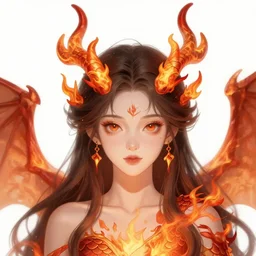 character concept art of a woman with fire dragon horns and wings | | very anime, dragon scales, cute - fine - face, pretty face, realistic shaded perfect face, fine details by stanley artgerm lau, wlop, rossdraws, james jean, andrei riabovitchev, marc simonetti, and sakimichan, trending on artstation