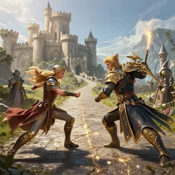 fantasy artstation characters fight on medieval road near castle, action scene, 8 k, lumen reflections, sharpened, insanely detailed and intricate, hypermaximalist, elegant, ornate, hyper realistic, super detailed, digital art
