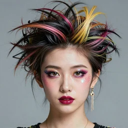 japanese model with maximalist hair style and makeup, bright colors, fashion model, portrait shot, glitter, depth of field, 8 k, hyper detailed, intricate, trending on artstation
