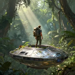 a backpacker standing in an overgrown metallic alien spaceship in the jungle highly detailed digital painting, concept art by yongfei liu, alben tan, vance kocas, octane rendered, low angle, god rays, cg society, unreal engine