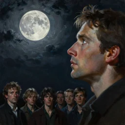 a closeup oil painting of a man staring at the moon, dark cloudy night, ultra realistic, true life, 8 k, masterpiece, cinematic, by frank frazetta, greg rutkowski, christian macnevin, beeple, leonid afremov, wlop, krenz cushart, epic character art, volumetric lighting, dark night