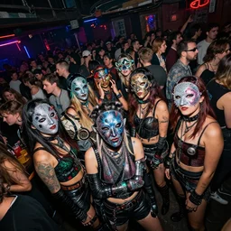 photograph of a provocative retro techwear female group near the bar of a packed busy rundown nightclub, lots of people, variety of sharp sparkly creepy masks, retrofuturism, brutalism, cyberpunk, sigma 85mm f/1.4, 15mm, 35mm, tilted frame, long exposure, 4k, high resolution, 4k, 8k, hd, wide angle lens, highly detailed, full color, harsh light and shadow