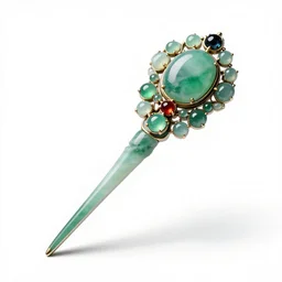 jade hair pin with gems, stylized 3d render, isolated on a pure white background, centered, entire object in frame, sharp focus, soft studio lighting