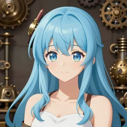 An illustration of single teenager girl as この素晴らしい世界に祝福を, light blue hair, light skin, steampunk background, digital painting, anime tv series promotional poster, soft light, highly detailed, sharp focus, Shonen JUMP magazine illustration, trending on Pixiv.