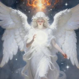 highdetailed hyperrealistic painting of white angel!!! no gender!!!, giant ball of miracle light from the chest!!!!!, white sparkles everywhere, lot of fire and stars overhead!!!, by jan van eyck, holography space, glow effect, large strokes, soft and clean, bright white color