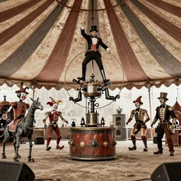 colorized 1 9 1 0 zoomed - in photo of a steampunk circus with acrobatic stunts inside a circus tent. mechanical ringmaster, robotic animals, mechanized clowns.