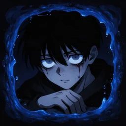 dark rough anime style 2 d artistic picture of a young man with big empty sharp empty eyes and slightly melting head and looking almost dead with sharp facial features and black hair looking sadly down on his hand, the face of the young man is inside a dark blue melting frame made of wierd blue liquid, only black and blue high contrast colour spectrum, melancholic, allegorical style, dark style